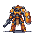 Intergalactic warrior in orange power armor with tower shield and futuristic rifle.
