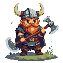 Stout viking warrior with fiery beard, horned helmet, and two axes, standing on muted green ground.