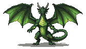 A classic green dragon with emerald and lime scales, sharp horns, and piercing yellow eyes stands poised with wings spread wide, a coiling tail completing its imposing silhouette.