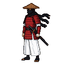 A ronin samurai in red plated armor and white kimono, wearing a black ninja mask and straw hat, with a tattered black scarf billowing behind. A sheathed katana is at their waist.