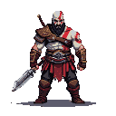 Kratos, a formidable warrior with red facial markings, wearing rugged armor and a red skirt, holds a metallic blade, poised for combat.