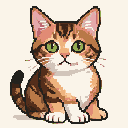 A calico cat with emerald eyes sits attentively, its fur a mosaic of brown, orange, and white pixels.