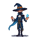 Pixel Art: magician holding diamond, full body, npc character