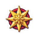 A golden twelve-pointed star inside a scarlet circle with a dark purple outline.