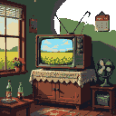Cozy pixel art interior with a CRT television displaying a pastoral landscape, a vintage fan, a soda bottle, and a cornfield visible through the window.