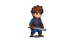 Young adventurer in a blue tunic and brown vest, holding a sword, with windswept brown hair and blue eyes.
