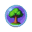 A stylized green pixelated tree contained within a translucent blue and purple shimmering sphere.