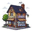 A quaint European-style shop with a yellow-ochre stone base, dark tiled roof, timber beams, and a striped awning. Signs read "pixie haus" and "quichehaus." Graffiti spelling "PIXIE HAUS" decorates the lower wall. A gas lamp glows near the entrance, with a leafy tree to the left under a starry night sky.