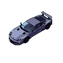 Lavender sports car with a rear spoiler, viewed from an isometric angle against a black background.