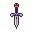 A regal, menacing sword with a deep purple hilt, a golden grinning face on the pommel, a gray and white crossguard with a blue gem, and a shimmering silver blade, set against a black background.