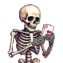 Pixel Art: skeleton holding cards (generated with AI by pixie.haus).