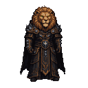 Necromancer with a lion's head, wearing ornate dark armor with bronze and gold trim, and a flowing cape.
