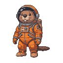 Beaver in a bright orange astronaut suit with a reflective helmet and backpack, against a black background.