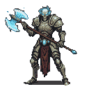 A skeletal lich in ornate, battle-worn armor, wielding an ice axe with glowing blue blades, emanating a spectral blue light from its skull.