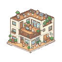 A multi-level apartment building with wooden balconies, windows, and abundant potted plants, inhabited by small cats and other animals on balconies, in windows, and on the rooftop.