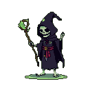 Skeletal necromancer in dark robes with a red sash and amulet, grinning and holding a staff with a glowing green frog.