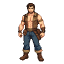 Rugged, adventurous man with short beard and tousled brown hair, wearing an open vest, blue jeans, and sturdy boots.