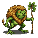 Frog-like creature with a lion's mane, green textured skin, yellow eyes, and a leafy staff, standing on webbed feet.