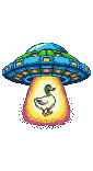 A pixelated mallard duck with a green head and white neck ring is lifted into a blue and green flying saucer by a golden beam of light.