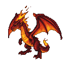 A pixelated crimson and orange fire dragon with flames erupting from its head and tail, wings spread wide, and a fierce gaze.