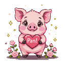 A plump pink piglet stands on hind legs, holding a heart sign that says "Pan!". Pastel sparkles, yellow stars, and mini pixel roses surround it.