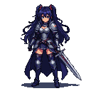 Stoic knight girl with dark blue twin pigtails and red ribbons, determined gaze, clad in segmented silver armor, dark blue skirt, and flowing cape. Her right hand rests on the hilt of a broadsword with a red-edged blade, held at her side.