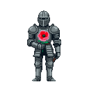 A stoic knight in gleaming pixelated armor holds a vibrant red poppy.