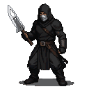 A cloaked figure with a white mask covering their mouth and nose, wielding a large, sharp axe.