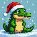 A plump alligator wearing a Santa hat sits in gentle snowfall.