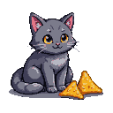 A gray cat with golden eyes sits beside two triangular cheese snacks.