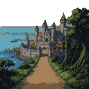 Dirt path leading to a medieval fantasy city with stone walls and towers. A calm blue sea with distant boats and wooden docks is in the background. To the left is sparse coastal vegetation, and to the right is a dense, dark forest.