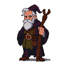 A grizzled, gray-haired magician with a bushy white beard, wearing a pointed purple cap and dark robes, holds a gnarled oak staff.
