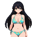 Young anime woman with flowing black hair and green eyes, wearing a teal floral bikini.