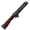 A diagonally angled firearm with a ribbed metallic barrel and a dark wooden stock against a black background.