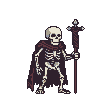 Skeleton warrior in a tattered crimson cloak holding a staff.