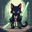Black cat in Jedi robes holding a glowing green lightsaber, eyes focused forward.