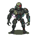 Top-down view of a menacing cyborg zombie with a skeletal face, glowing red eye, and a body of decaying flesh and rusted metal.