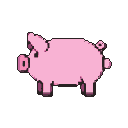 Stylized pink pig in profile, with blocky pixels and a curly tail.