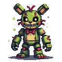 Menacing animatronic with tattered green fur, red bowtie, vacant eyes, and glowing yellow particles.