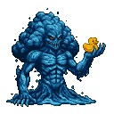 A hulking, dark blue water elemental with glowing orange eyes gently holds a small, bright yellow rubber duck.