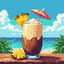 Tall glass with layered brown drink and pale foam, topped with pineapple slice and umbrella, with tropical beach and ocean background.