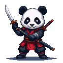 Panda warrior in dark armor with red sashes, holding a katana.
