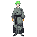 Young man with messy green hair and blue eyes, wearing a grey-green Chinese robe with cloud embroidery and a black sash.