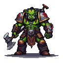 Muscular orc with green skin, tusks, and grim expression, gripping a brutal axe. Wears red-splashed, battle-worn armor.