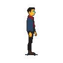 Pixel Art: 像素人物图，侧面待机站姿，黄色皮肤，头部为黑色头发，单只发光眼睛，破旧深色衣服，红色围巾，蓝色牛仔外套，现代精细像素，硬...
