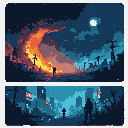 Post-apocalyptic landscape with a giant fiery crescent, silhouetted crosses, and a lone figure, contrasted with a muted blue and gray urban scene with decaying structures and two silhouetted figures.