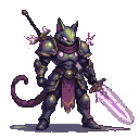 Pixel Art: Pet for a knight with plasma double sword and aggresive armo...