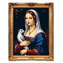 Young woman with fair skin, brown hair covered by a white cloth, wearing a dark blue dress with red sleeve accents, holding a small white ermine-like creature.