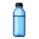 A clear, blue water bottle with a dark cap, filled with light blue liquid.