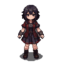 Young woman with dark hair, wearing a red jacket and ruffled skirt, with a stoic, melancholic expression.